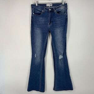 Fashion Nova Juniors Size 9 Mid Rise Flare Jeans Medium Blue Distressed 5-Pocket